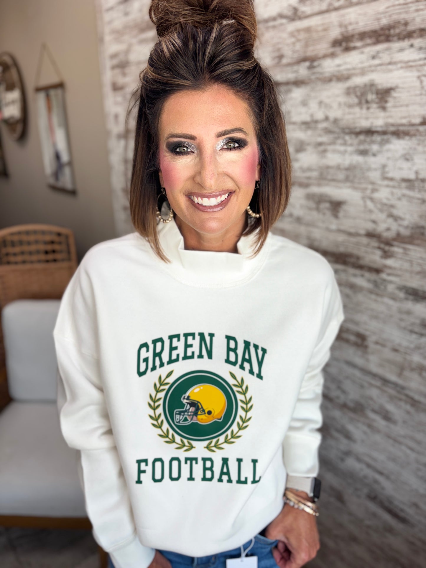 Green Bay Football Cream Pennant Juliet Mockneck Crew