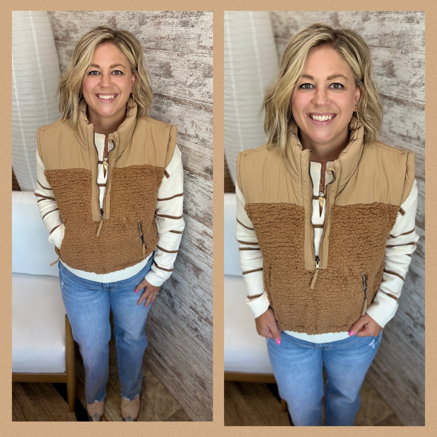 Camel Sherpa Half Zip Vest