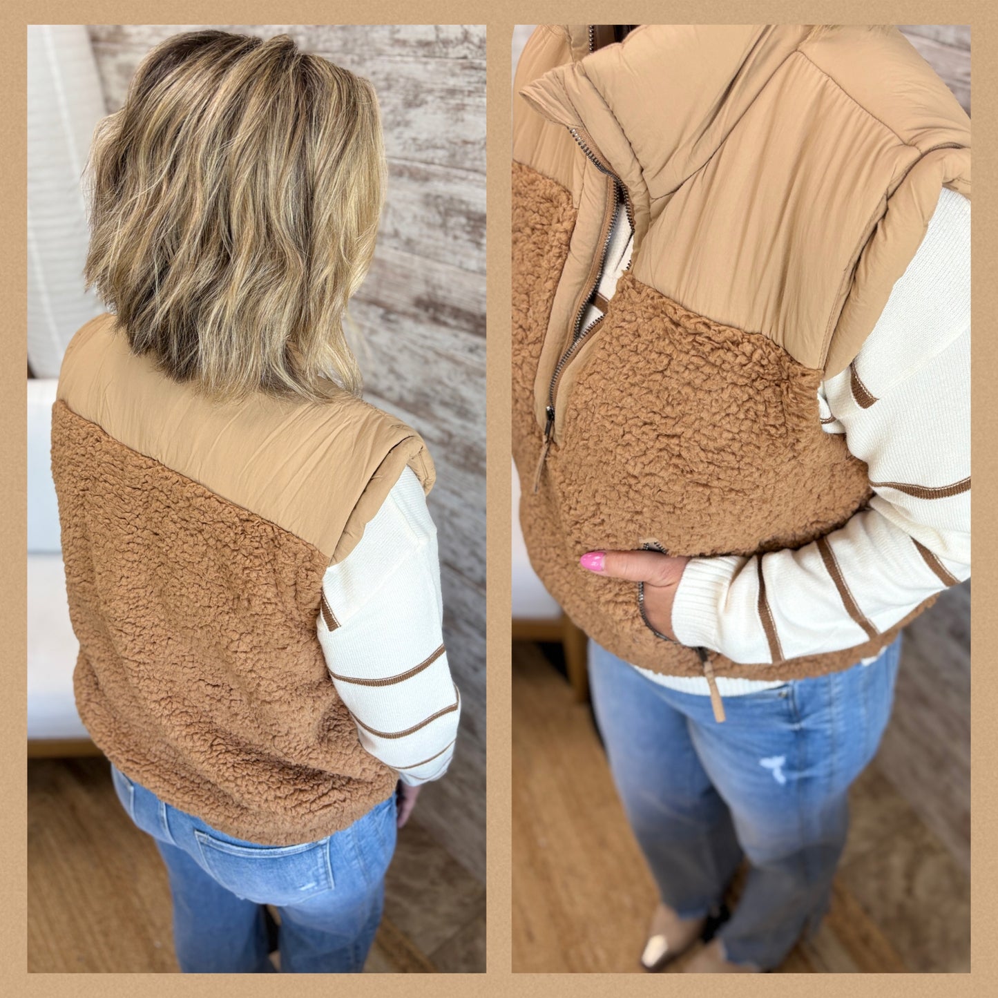 Camel Sherpa Half Zip Vest