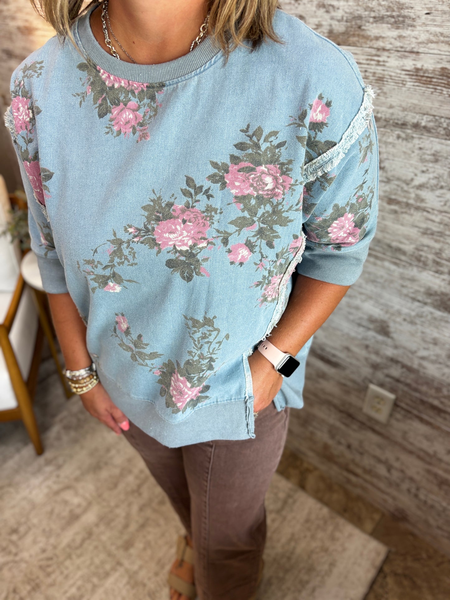 Floral Printed Denim Top