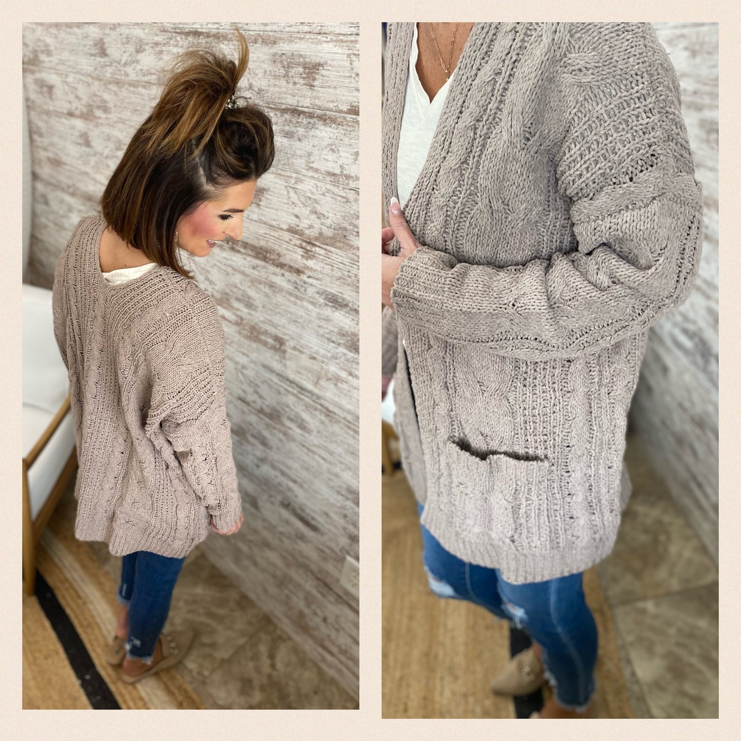 Truffle Chenille Cable Knit Oversized Open Front Cardigan