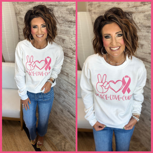 Peace, Love, Cure Breast Cancer Gildan Crew ~ Adult and Youth ~ 2 Colors *Giveback*