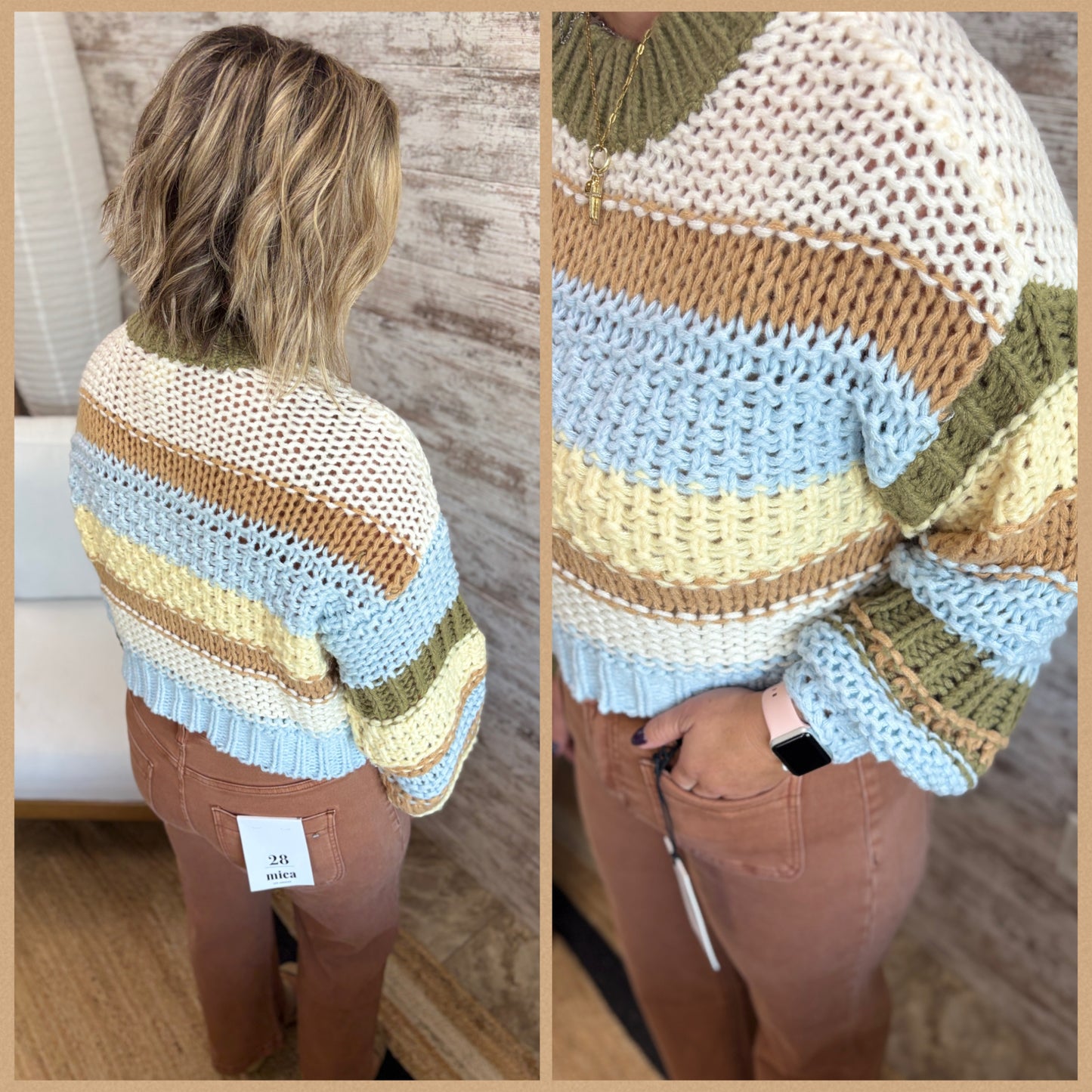 Ivory/Lt Blue/Olive Stripe Cropped Sweater