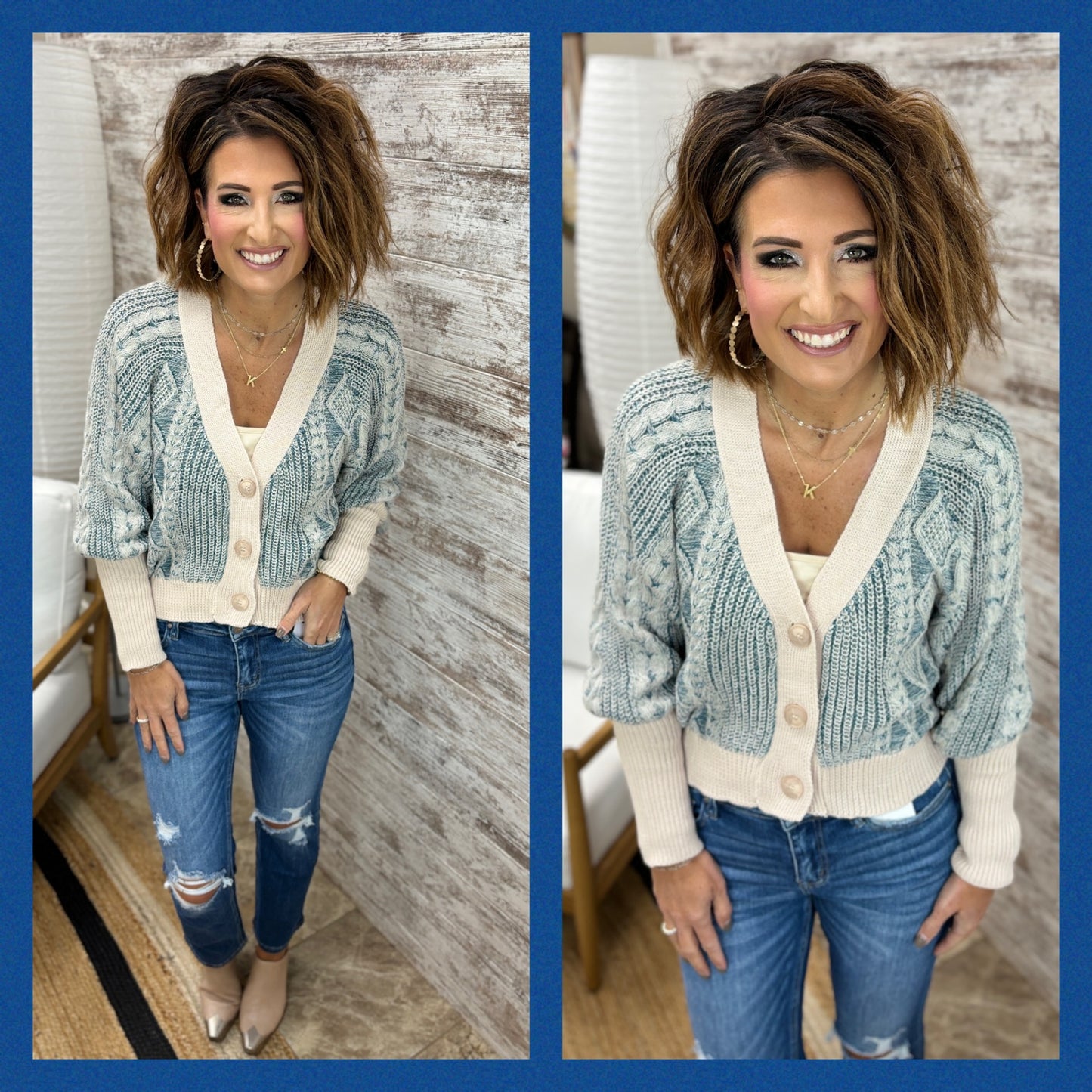 Washed Blue Mixed Weaving Sweater Cardigan