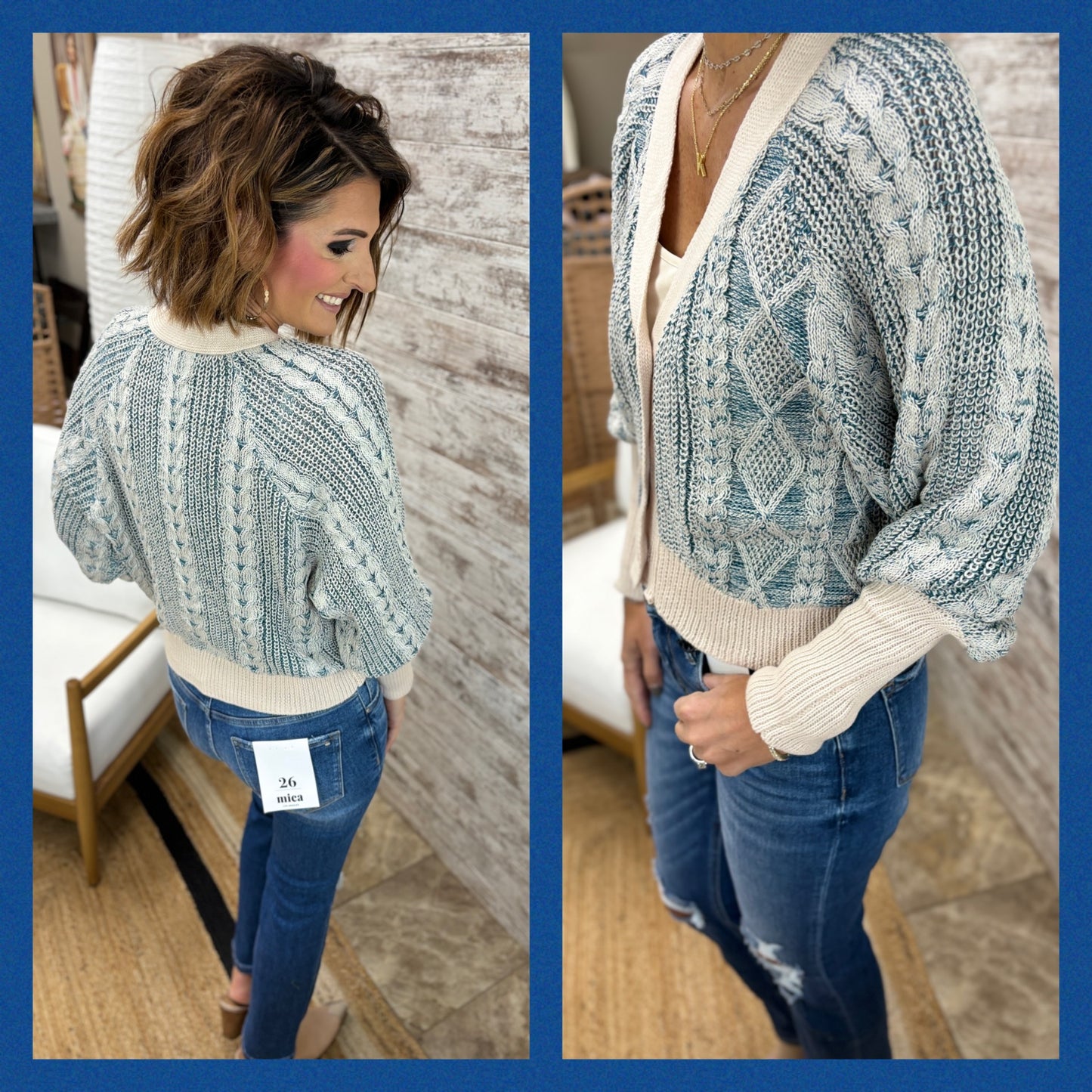 Washed Blue Mixed Weaving Sweater Cardigan