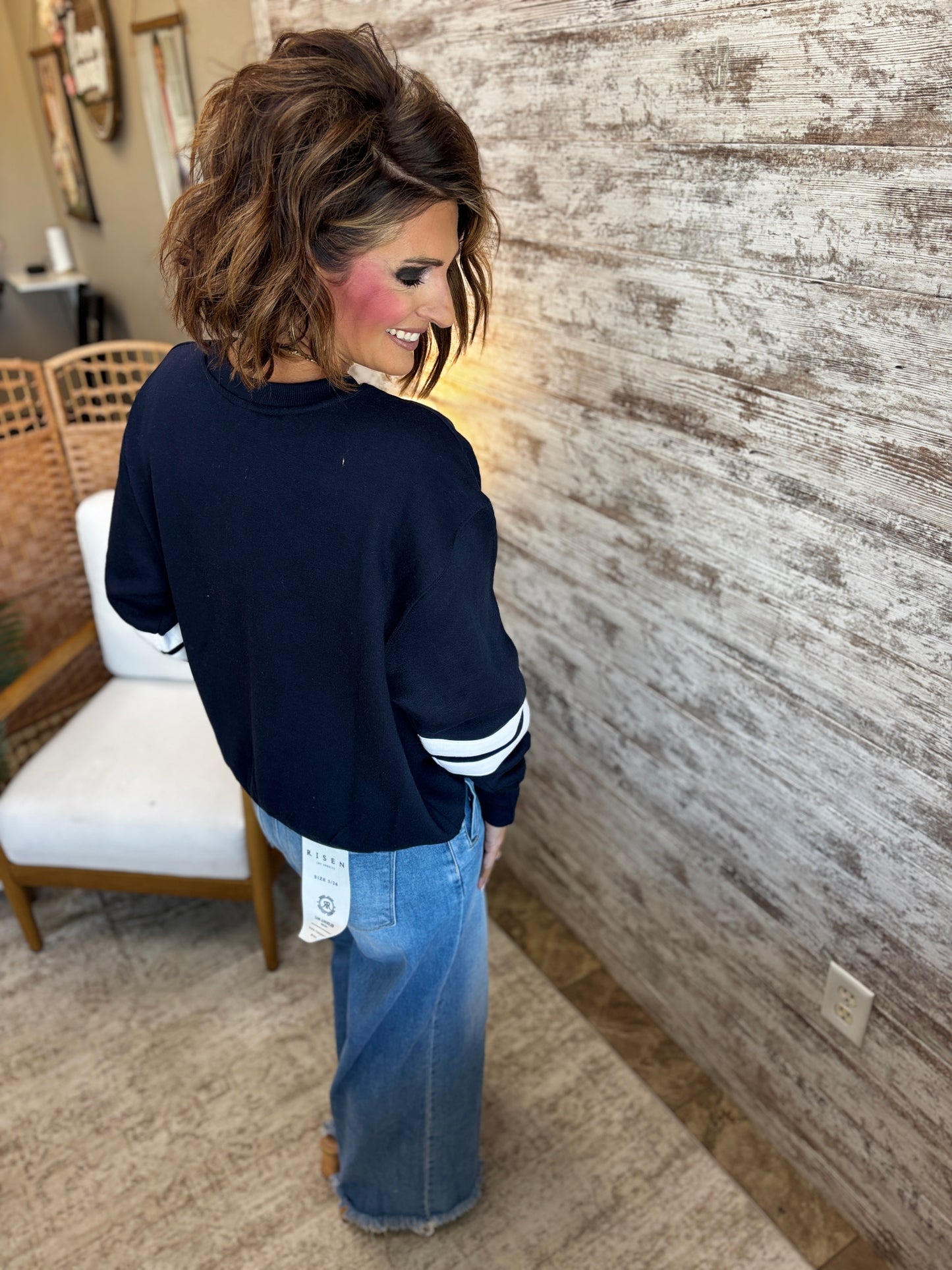 Little Chute Enza Varsity Stripe Navy Crew~ Ladies