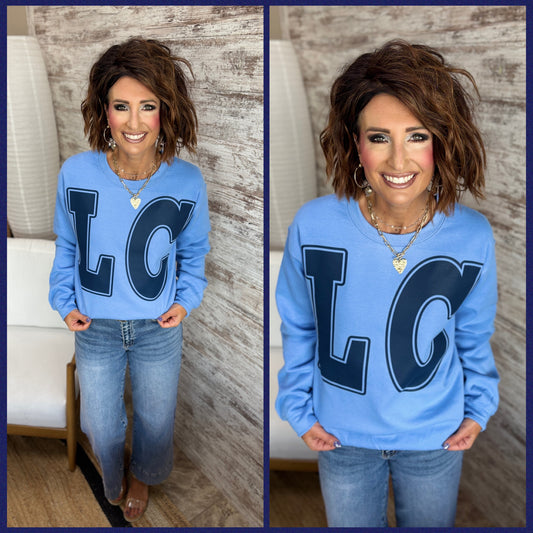 LC Large Sports Print Columbia Blue Crewneck