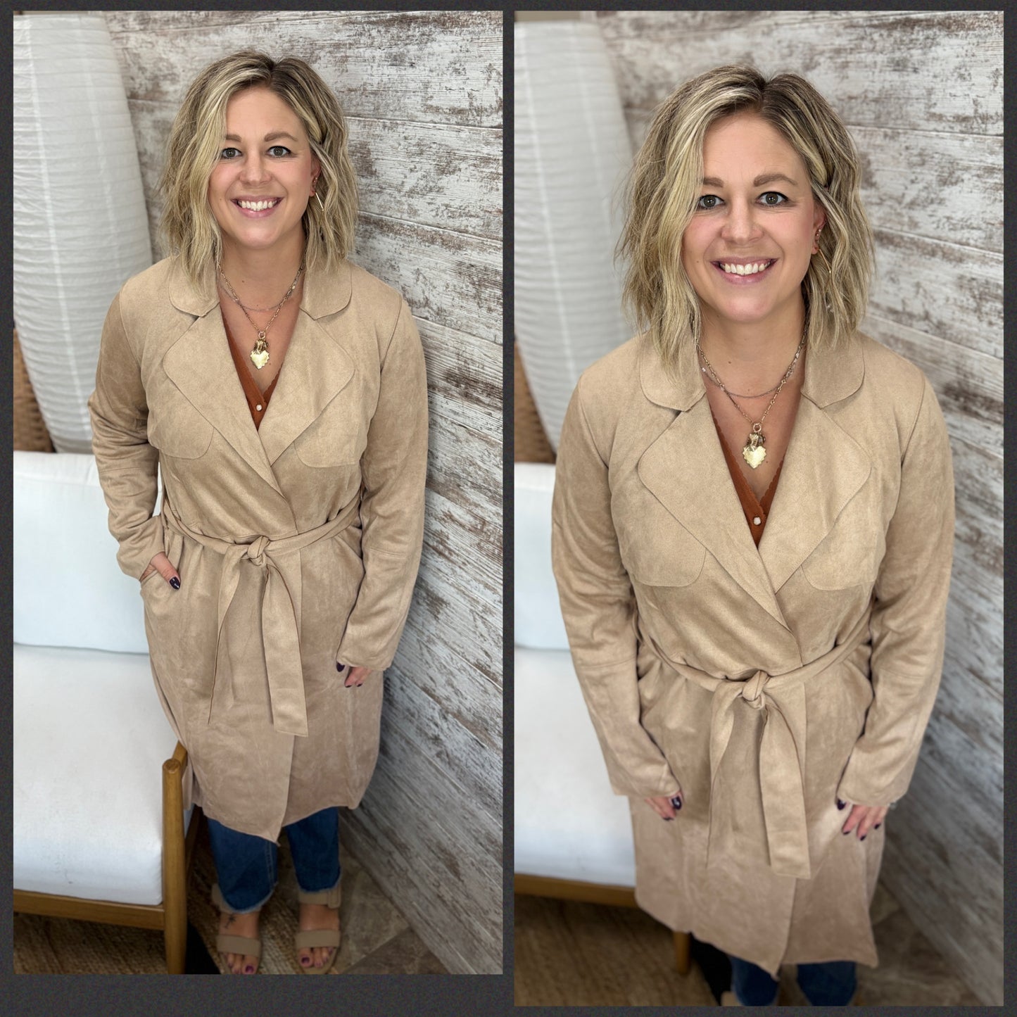 Camel Microsuede Belted Trench Coat