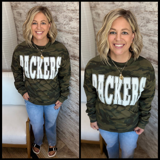 PACKERS Large Sports Print Forest Camo Crewneck