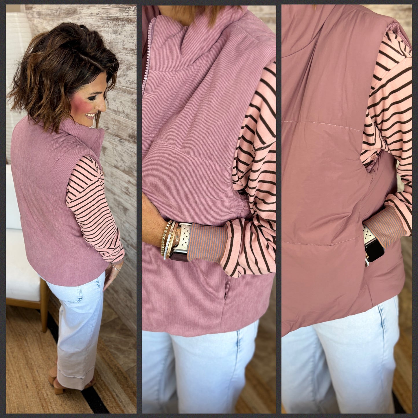 Rose Corduroy and Puffer Reversible Vest