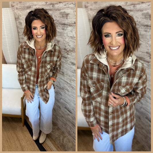 Mocha Twofer Plaid Shacket with Zipper