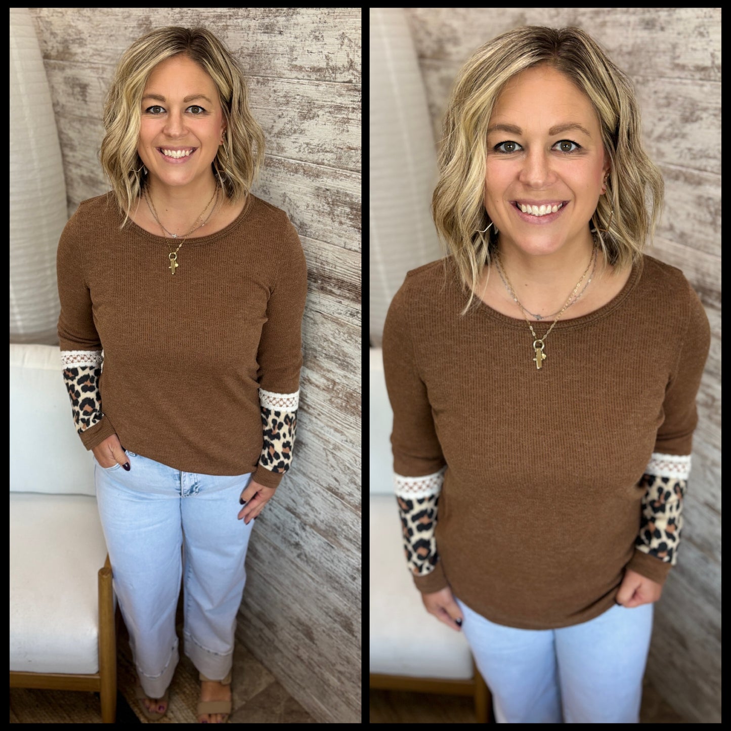 Brown Ribbed Top with Lace/Leopard Detail