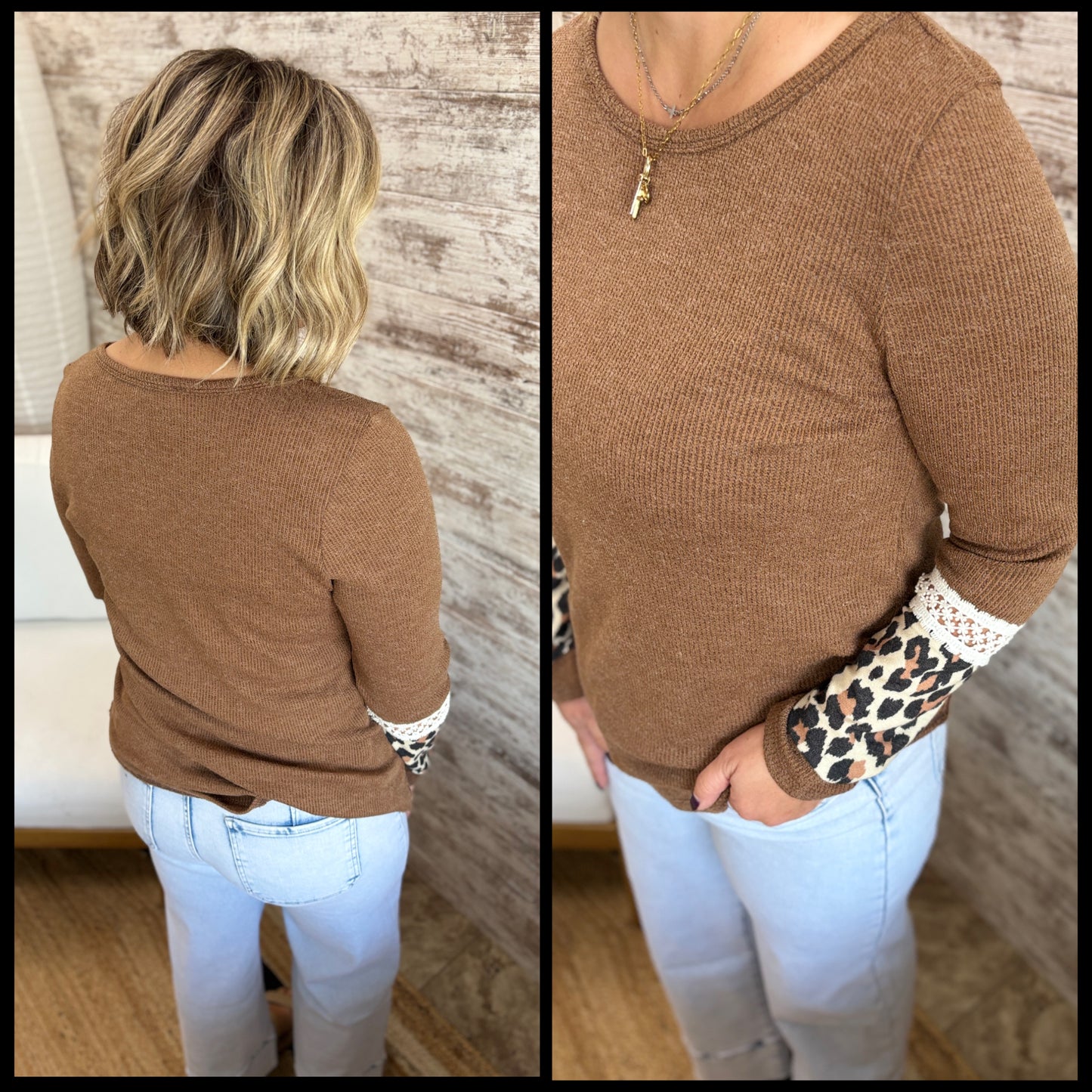Brown Ribbed Top with Lace/Leopard Detail