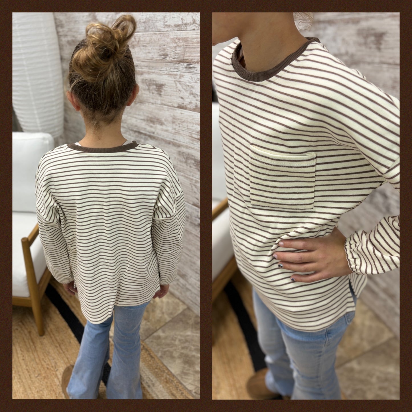 Girls Taupe Brushed Striped Crew Neck