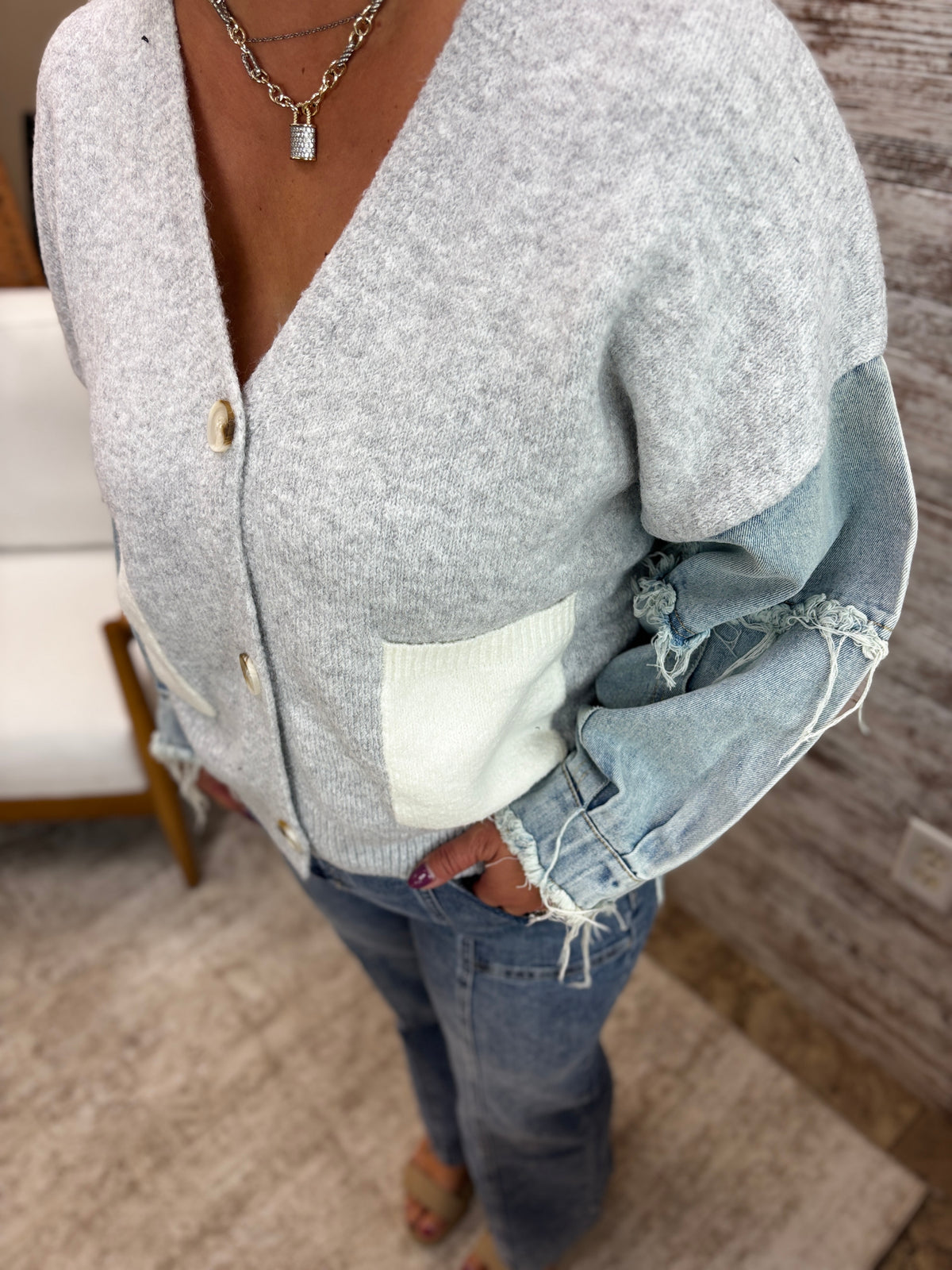 Light Grey Denim Sleeve Cardigan