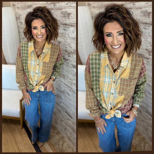 Mustard Combo Plaid Mix Button Down Shirt