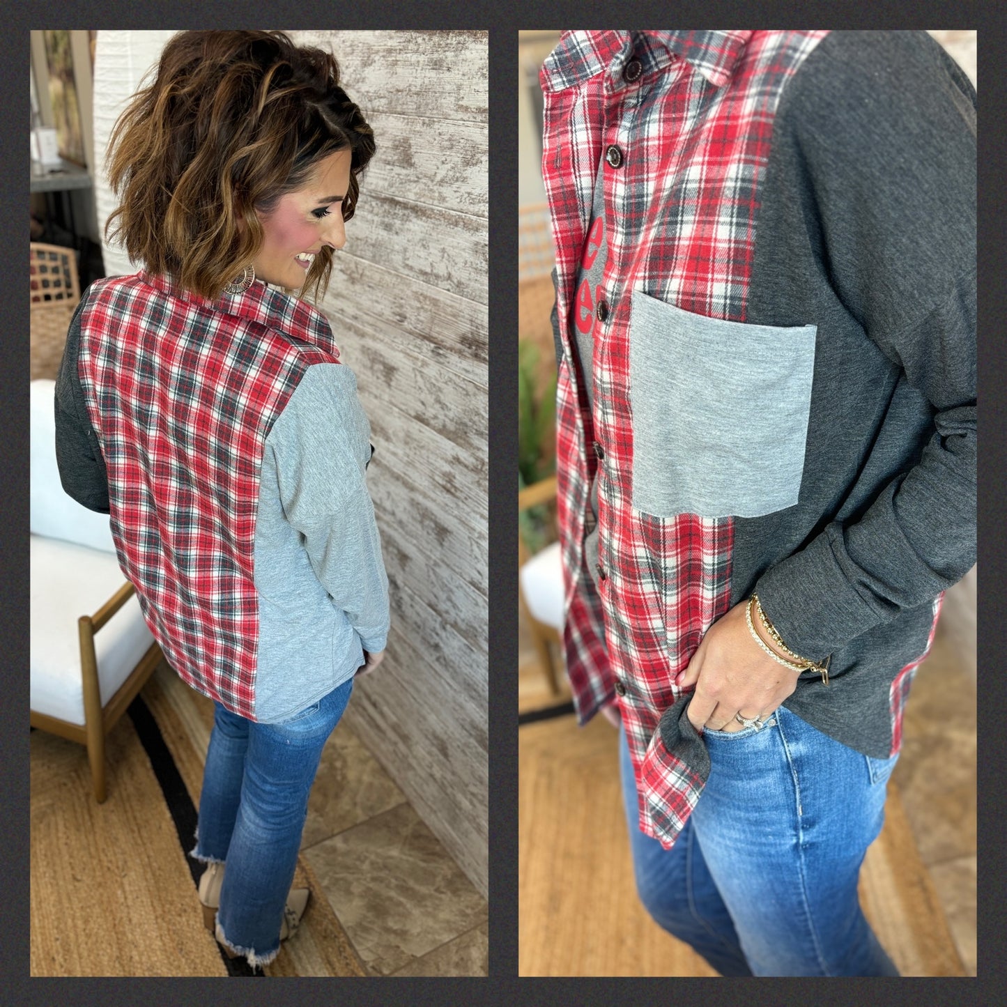 Color Block and Plaid Button Down