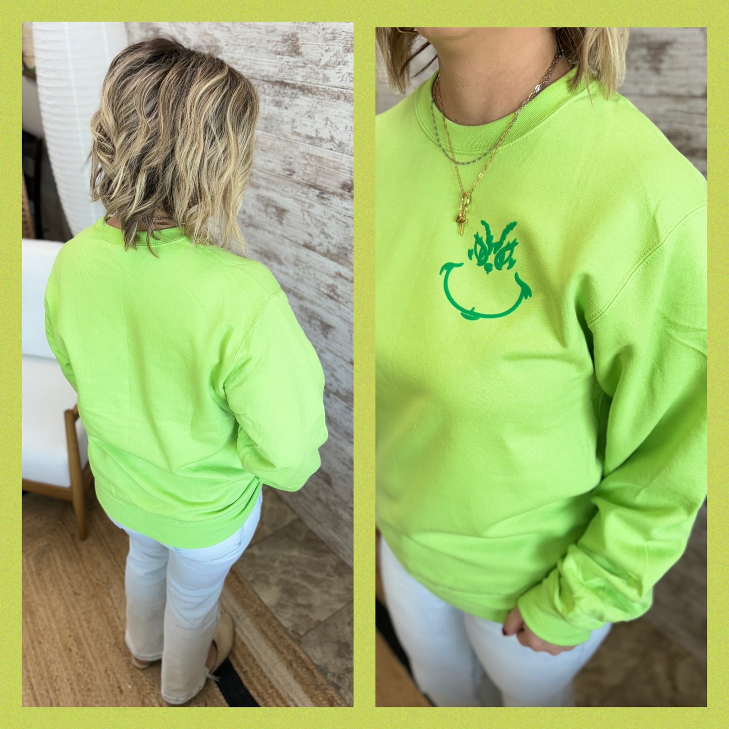 Grinch Face Puff Print Lime Crew Neck ~ 2 Styles