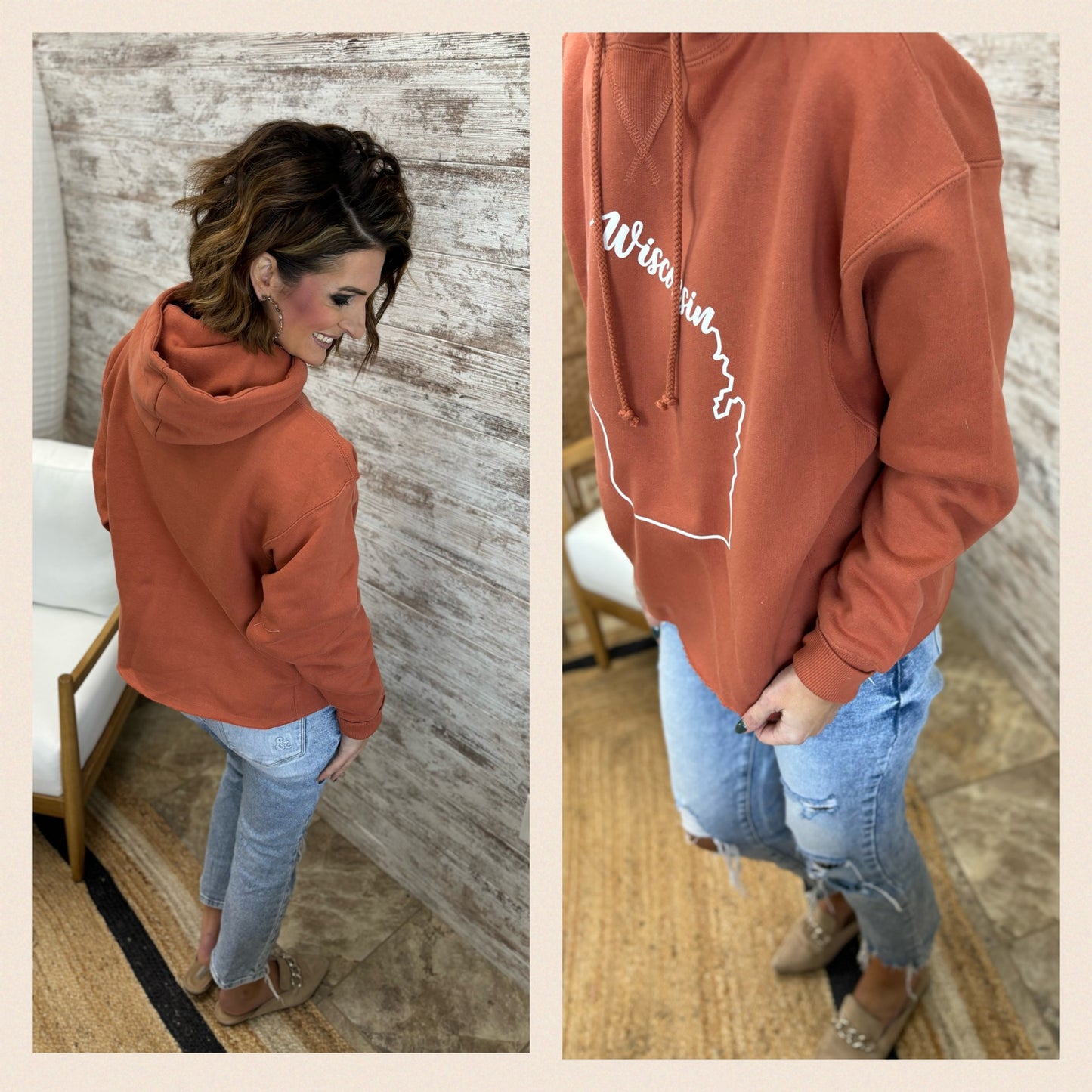 Baked Clay Enza Raw Edge Boxy Hoodie in Wisconsin Designs