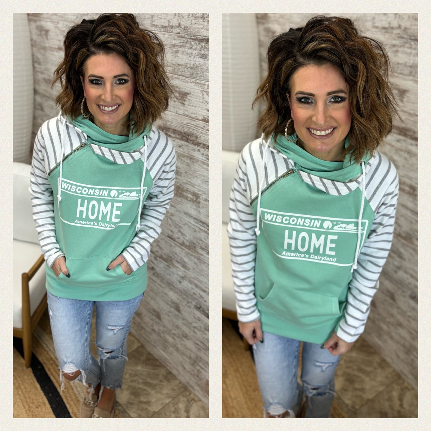 Mint Enza Stripe Double Hoodie in Wisconsin Designs
