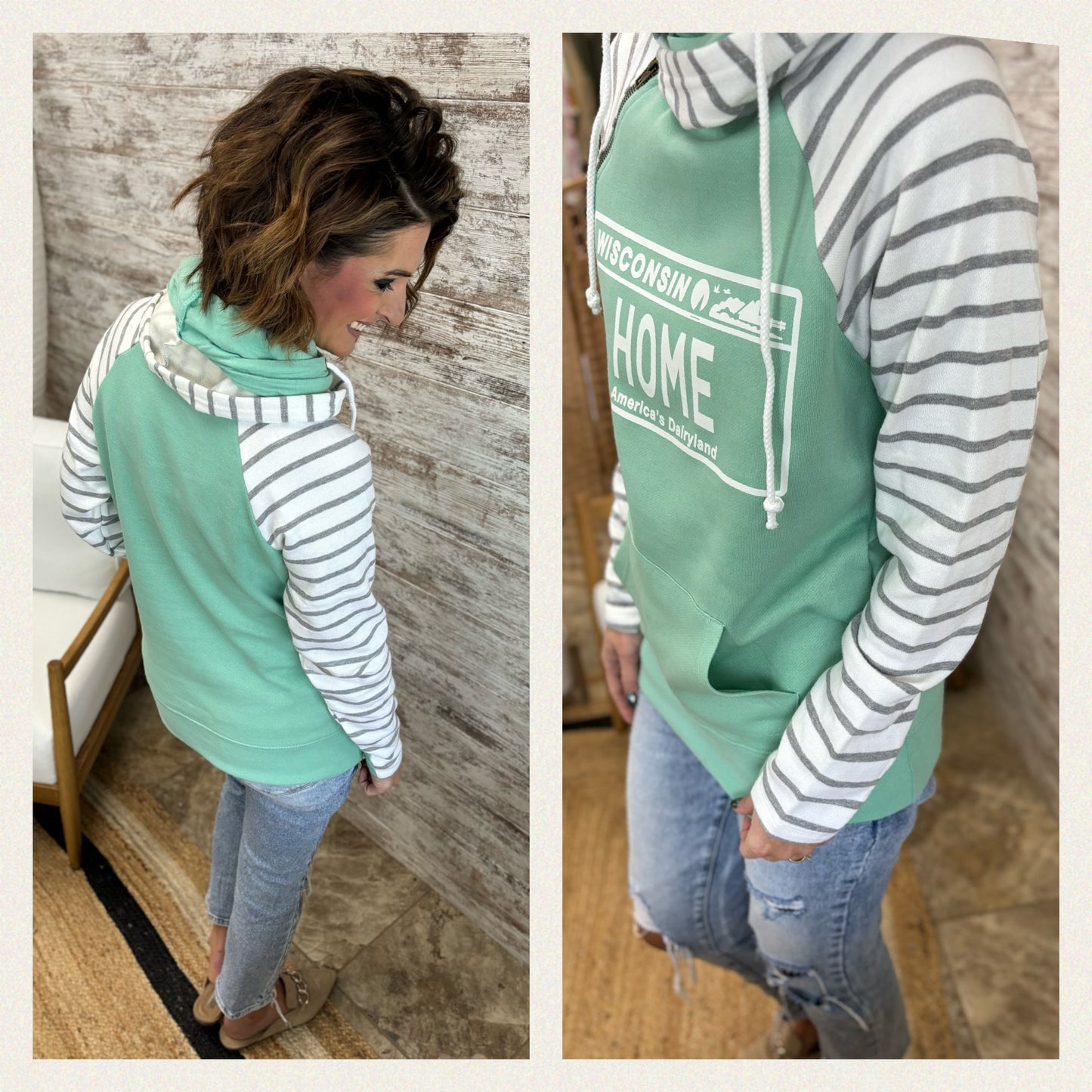 Mint Enza Stripe Double Hoodie in Wisconsin Designs