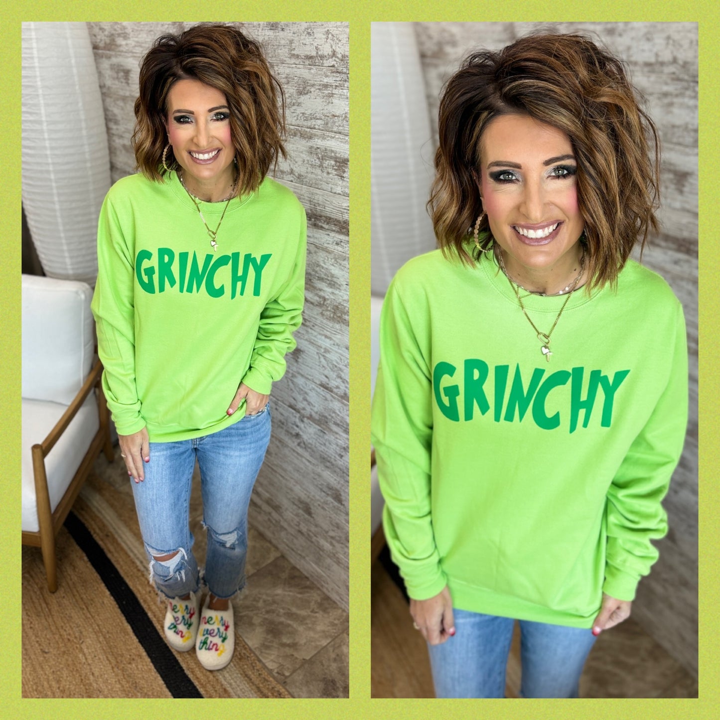 Grinchy Puff Print Lime Crew Neck