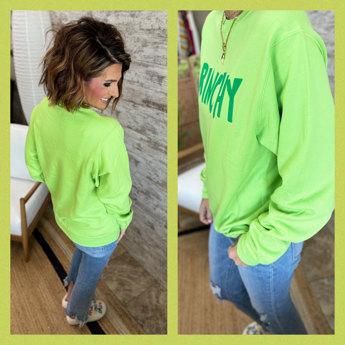 Grinchy Puff Print Lime Crew Neck