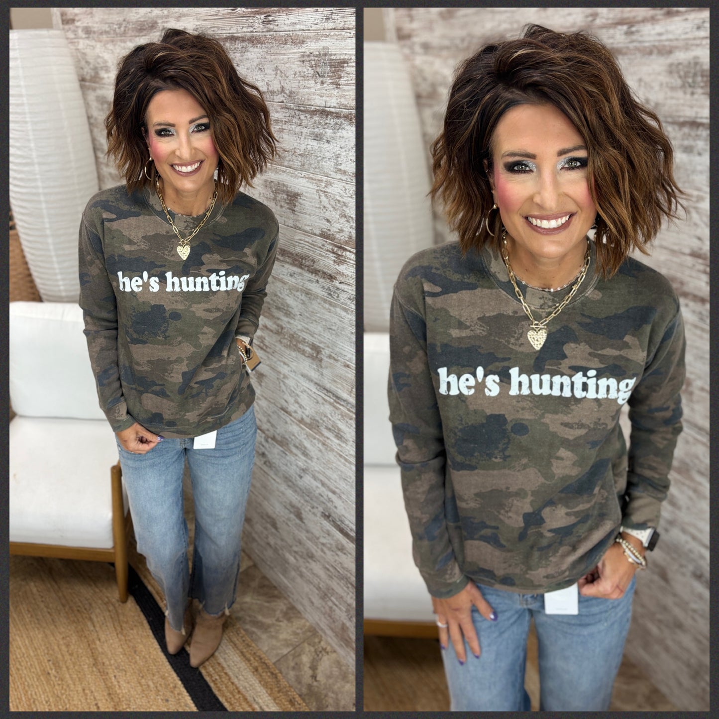 He's Hunting Faded Camo Ladies Fleece Pocket Crewneck