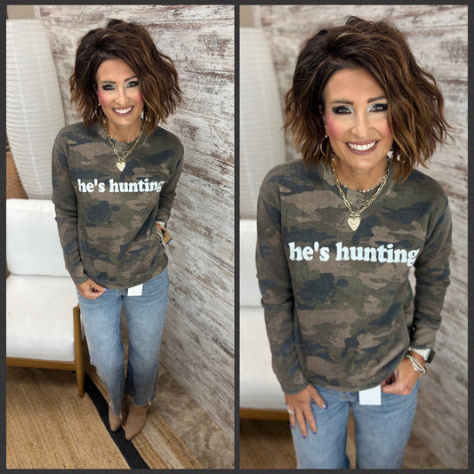 He's Hunting Faded Camo Ladies Fleece Pocket Crewneck