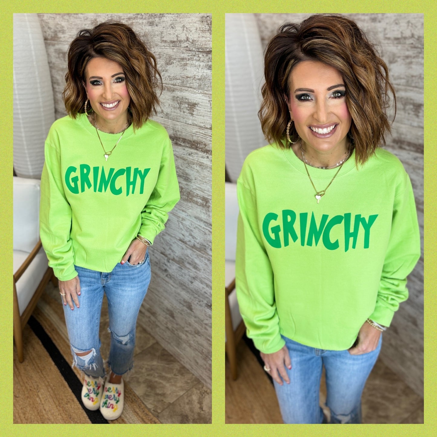 Grinchy Puff Print Lime Crew Neck