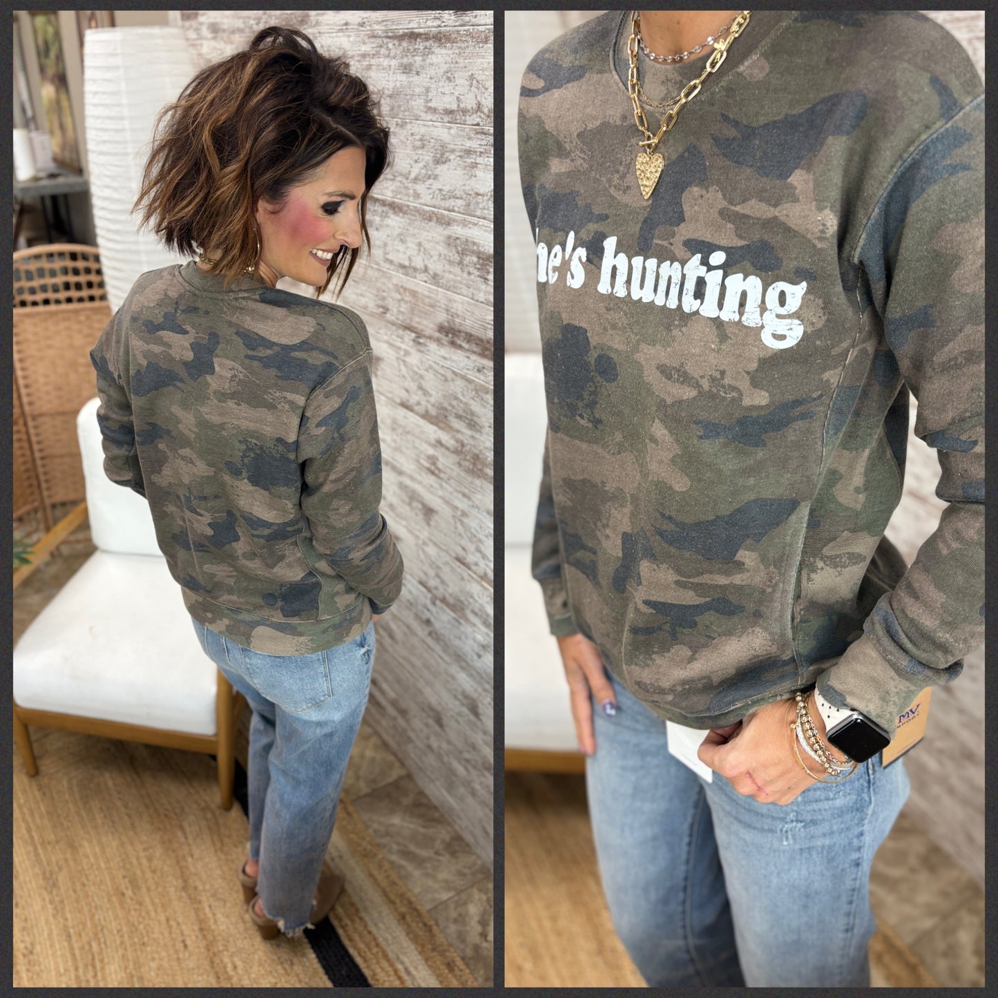 He's Hunting Faded Camo Ladies Fleece Pocket Crewneck