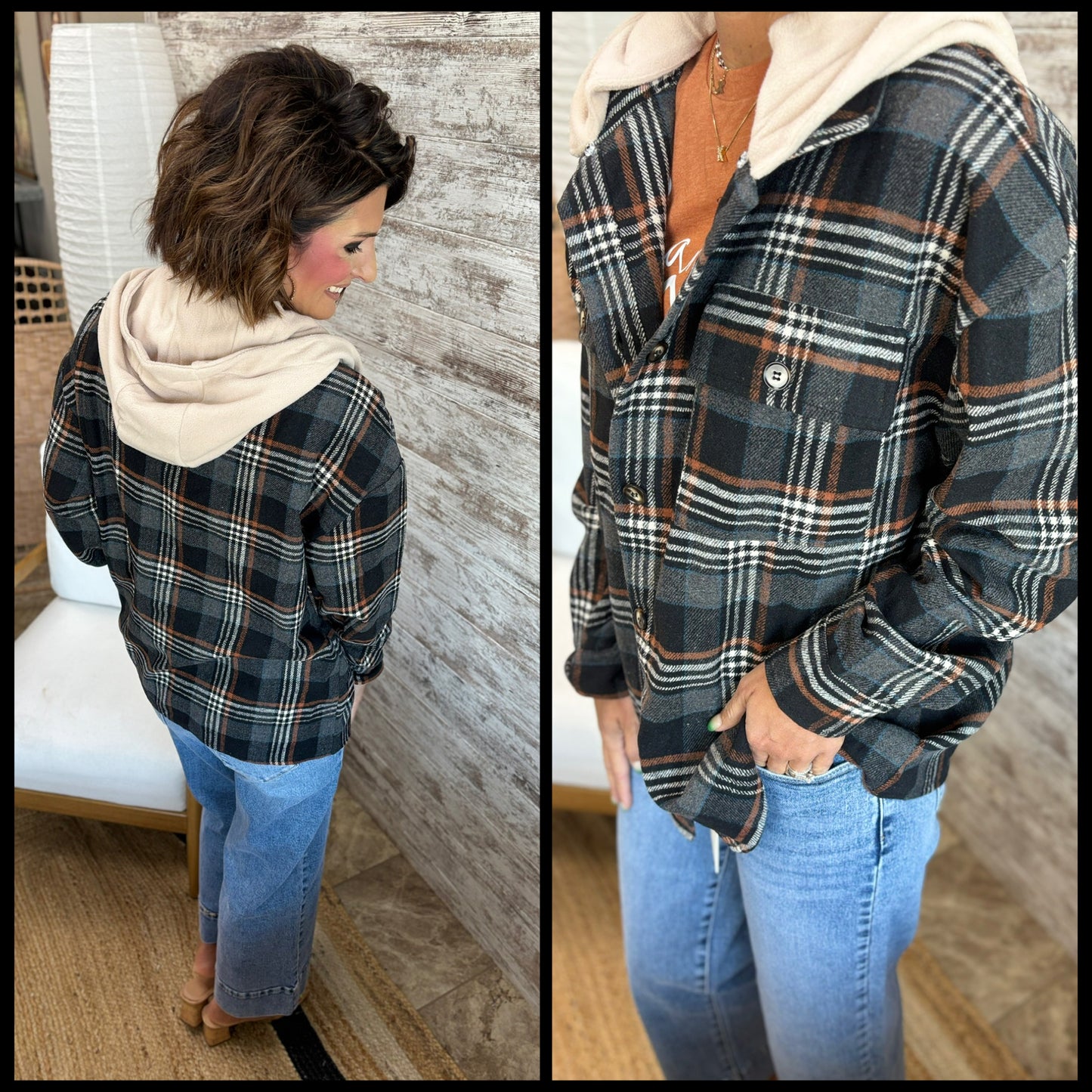 Black Multi Hooded Plaid Shacket with