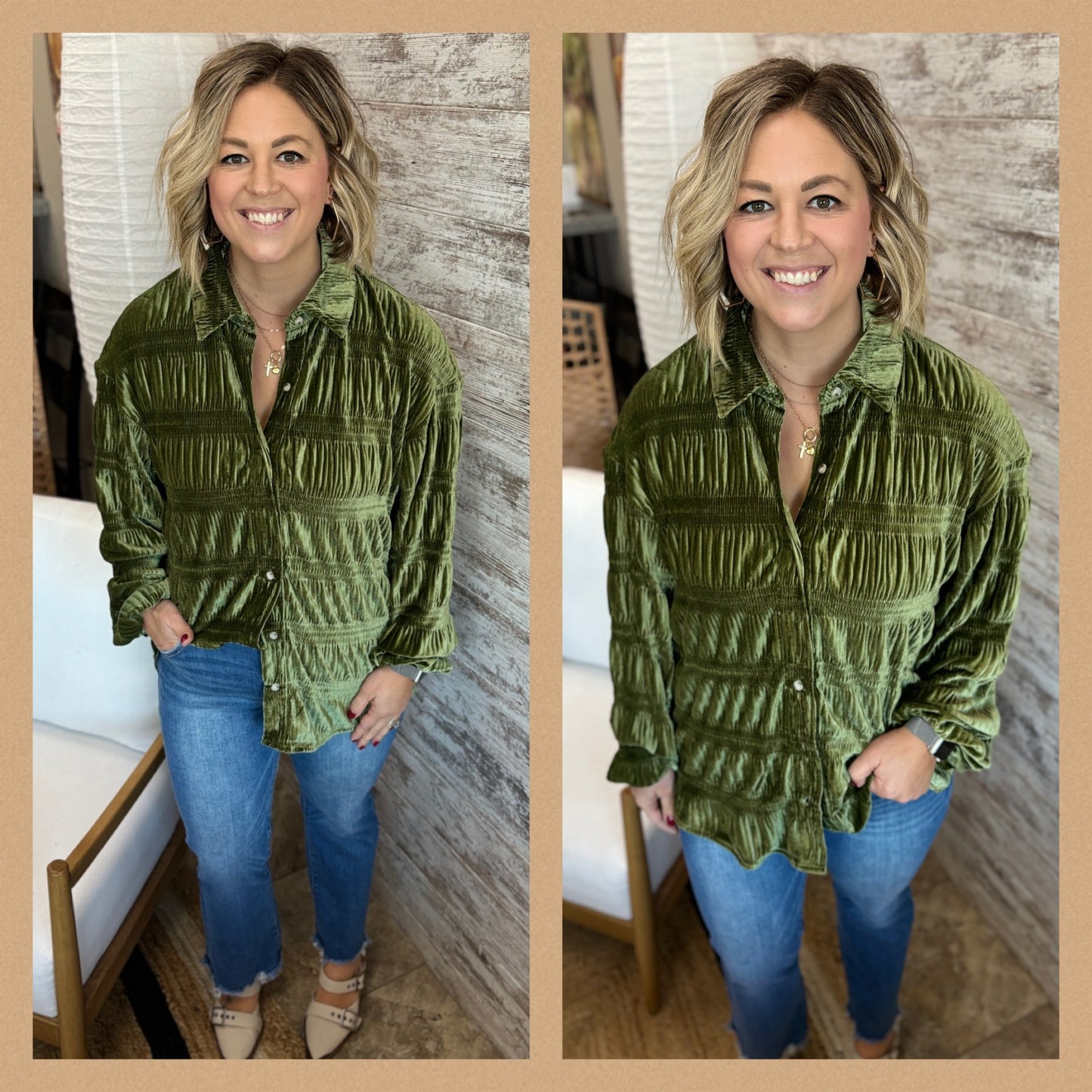 Tiered Shirring Velvet Button Down ~ 2 Colors