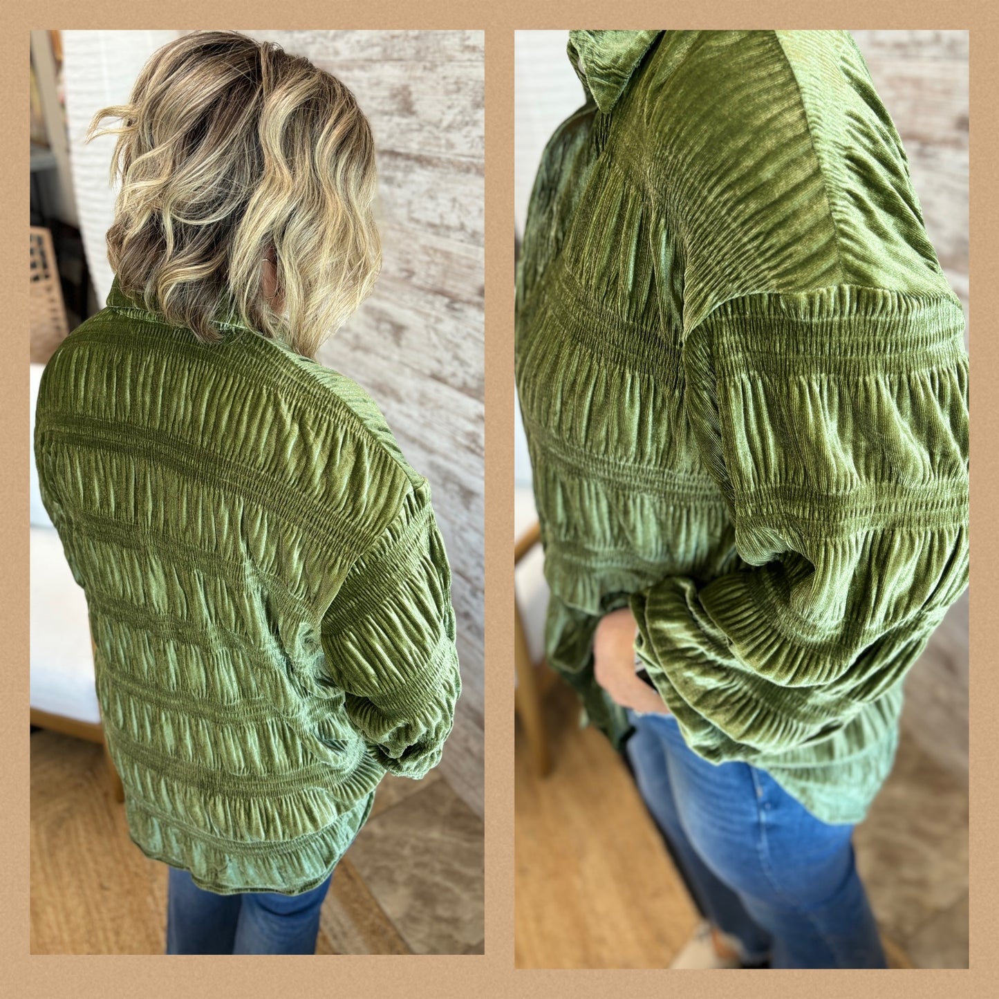 Tiered Shirring Velvet Button Down ~ 2 Colors