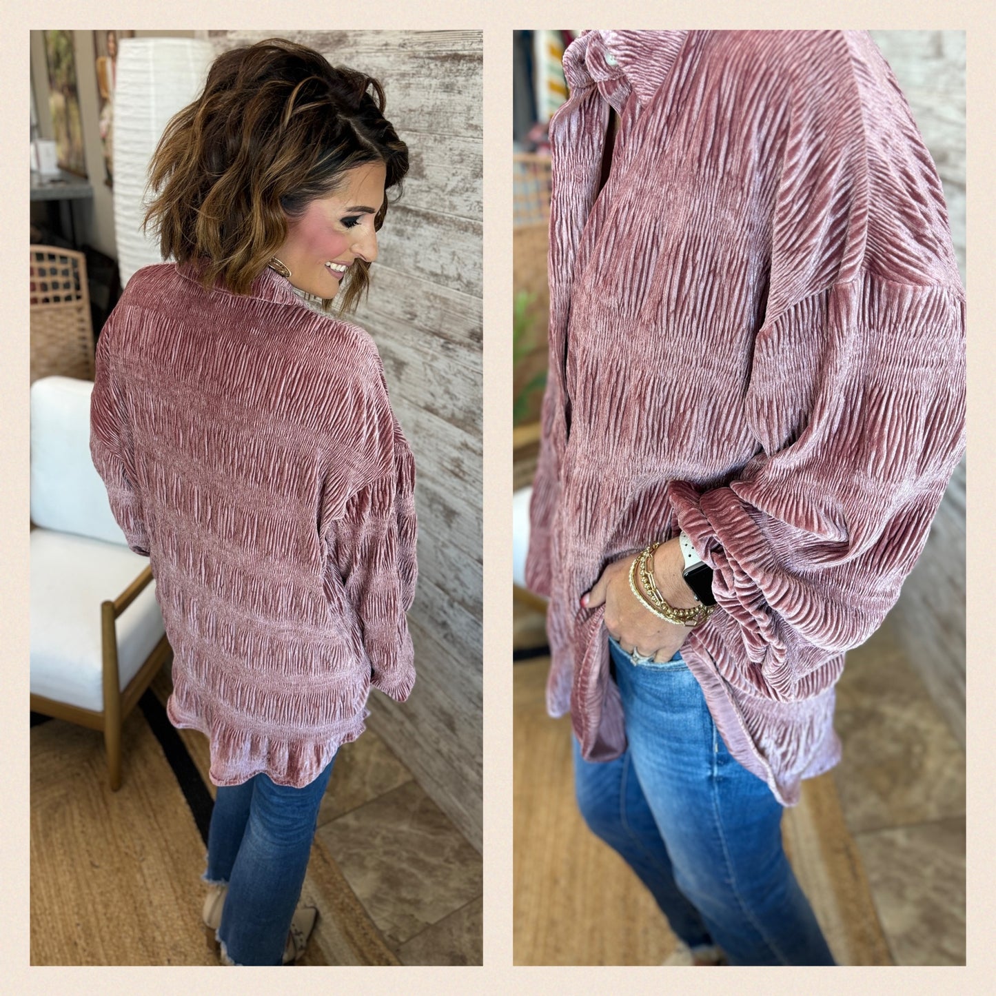 Tiered Shirring Velvet Button Down ~ 2 Colors