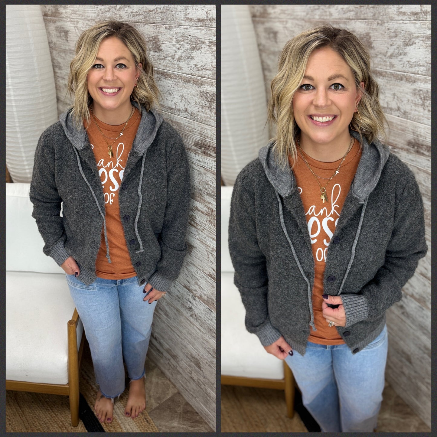 Charcoal Button Down Hooded Cardigan