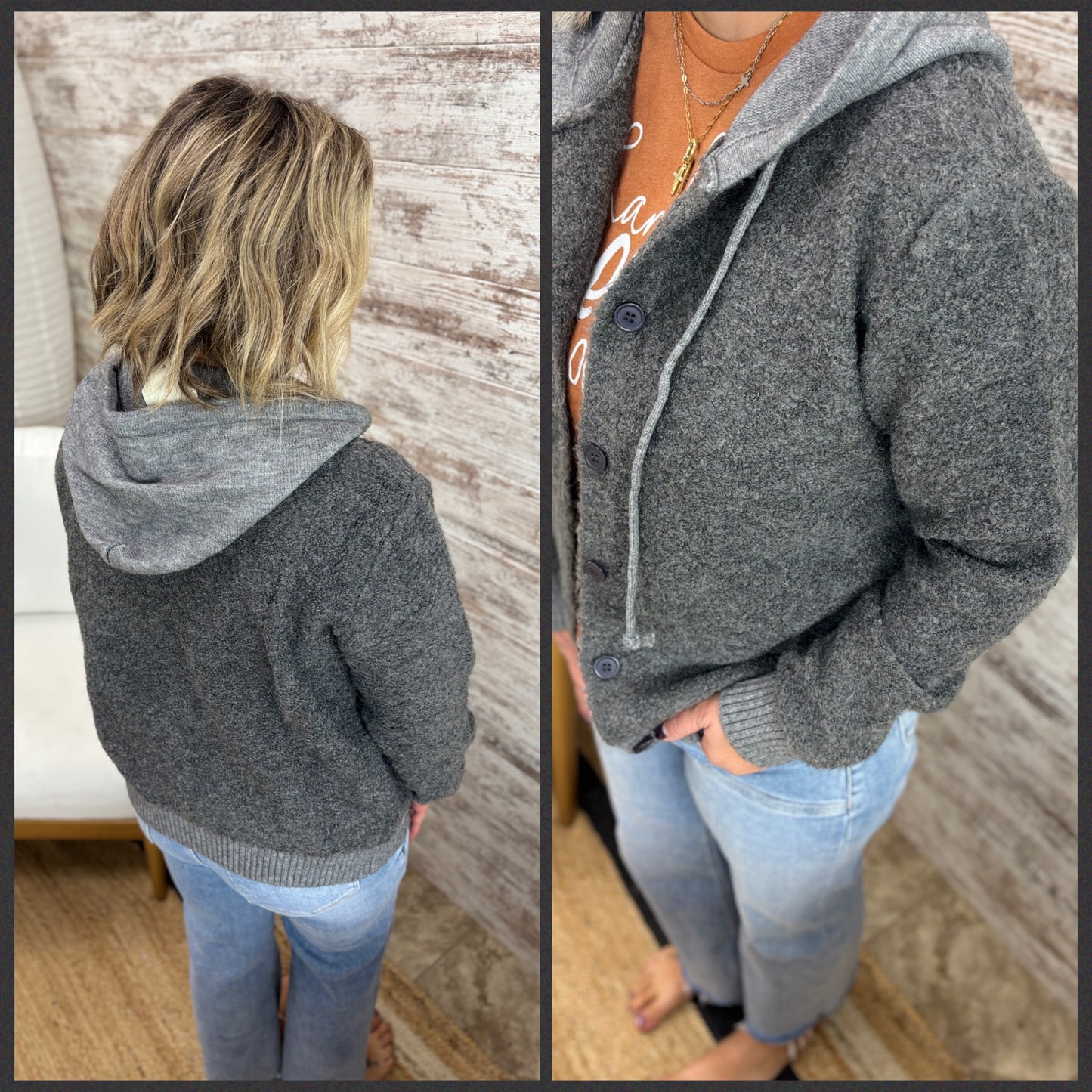 Charcoal Button Down Hooded Cardigan