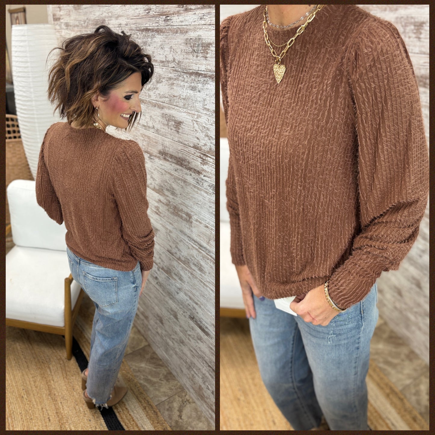 Red Brown Fuzzy Knit Puff Sleeve Top