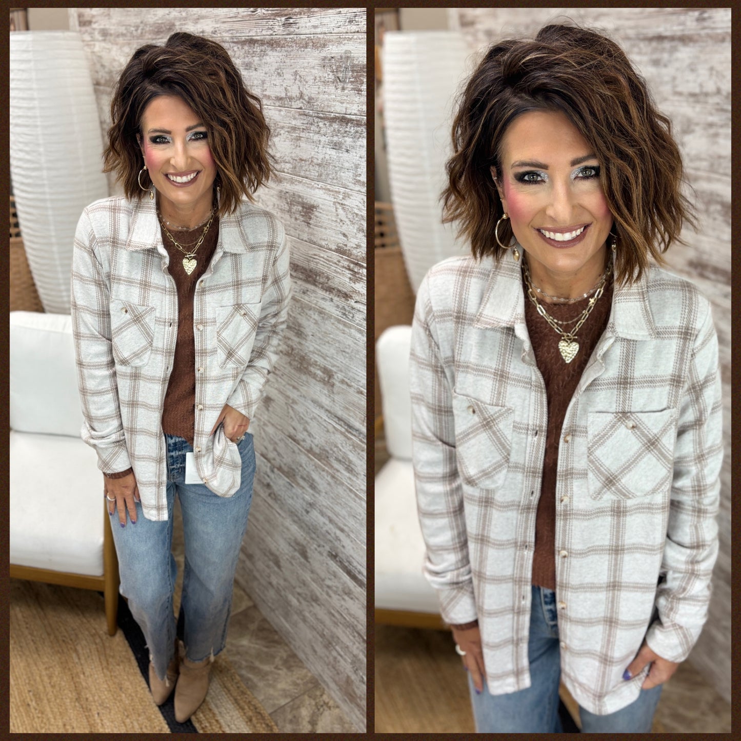 Lt Tan and Brown Plaid Soft Button Down