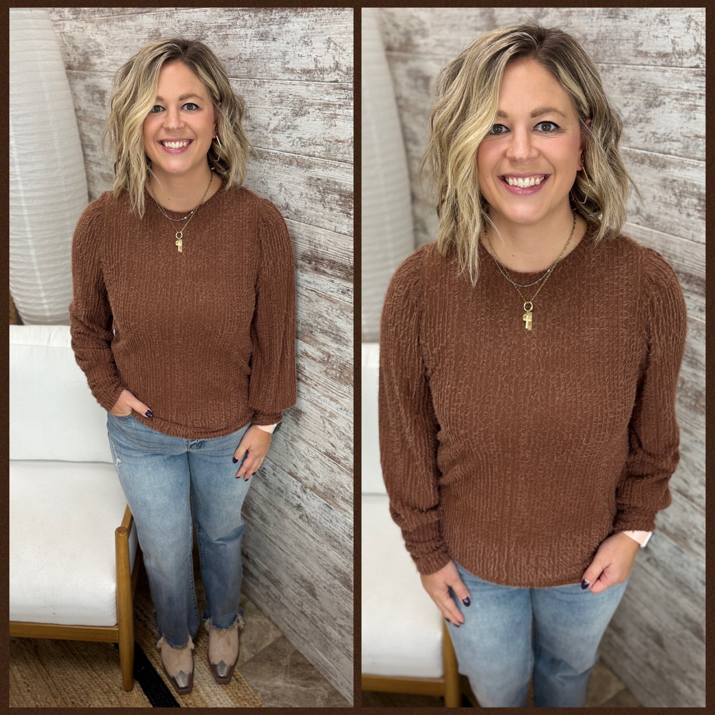 Red Brown Fuzzy Knit Puff Sleeve Top