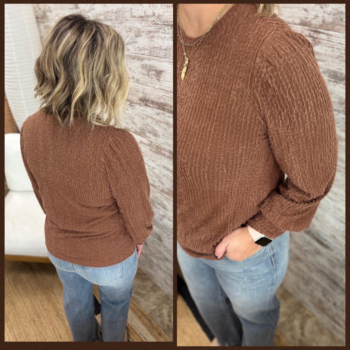 Red Brown Fuzzy Knit Puff Sleeve Top