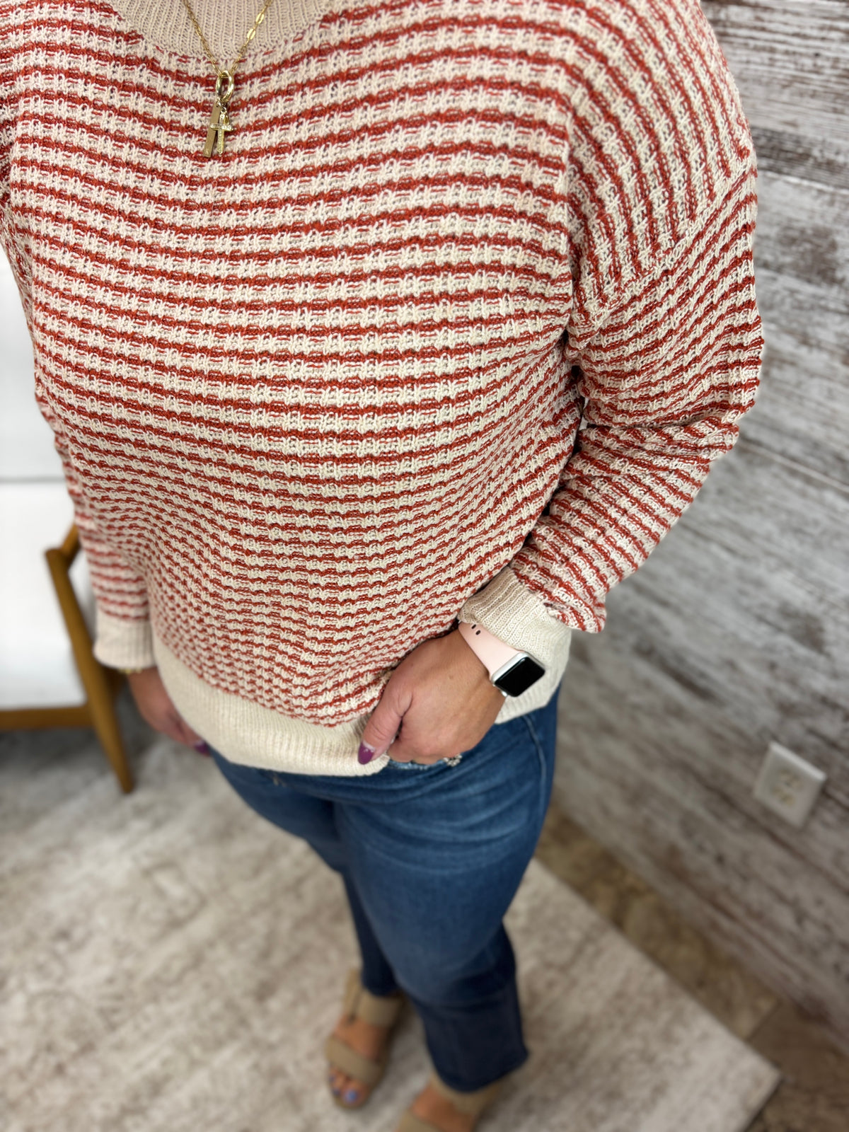 Rust Striped Waffle Knit Sweater