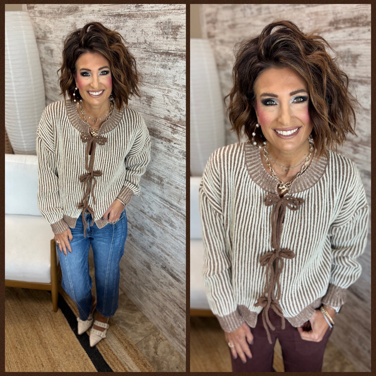 Mocha Front Tie Two Tone Cardidgan