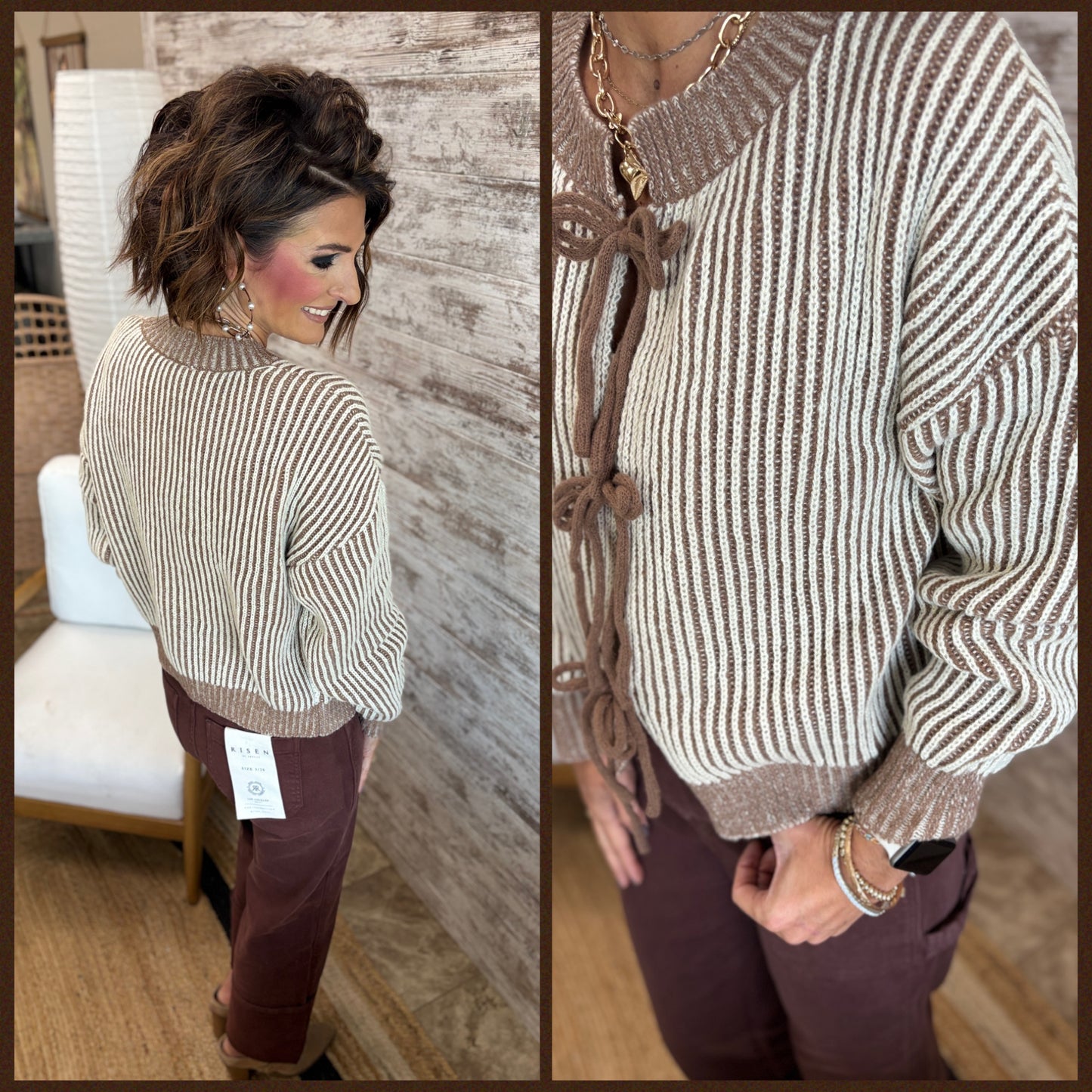 Mocha Front Tie Two Tone Cardidgan