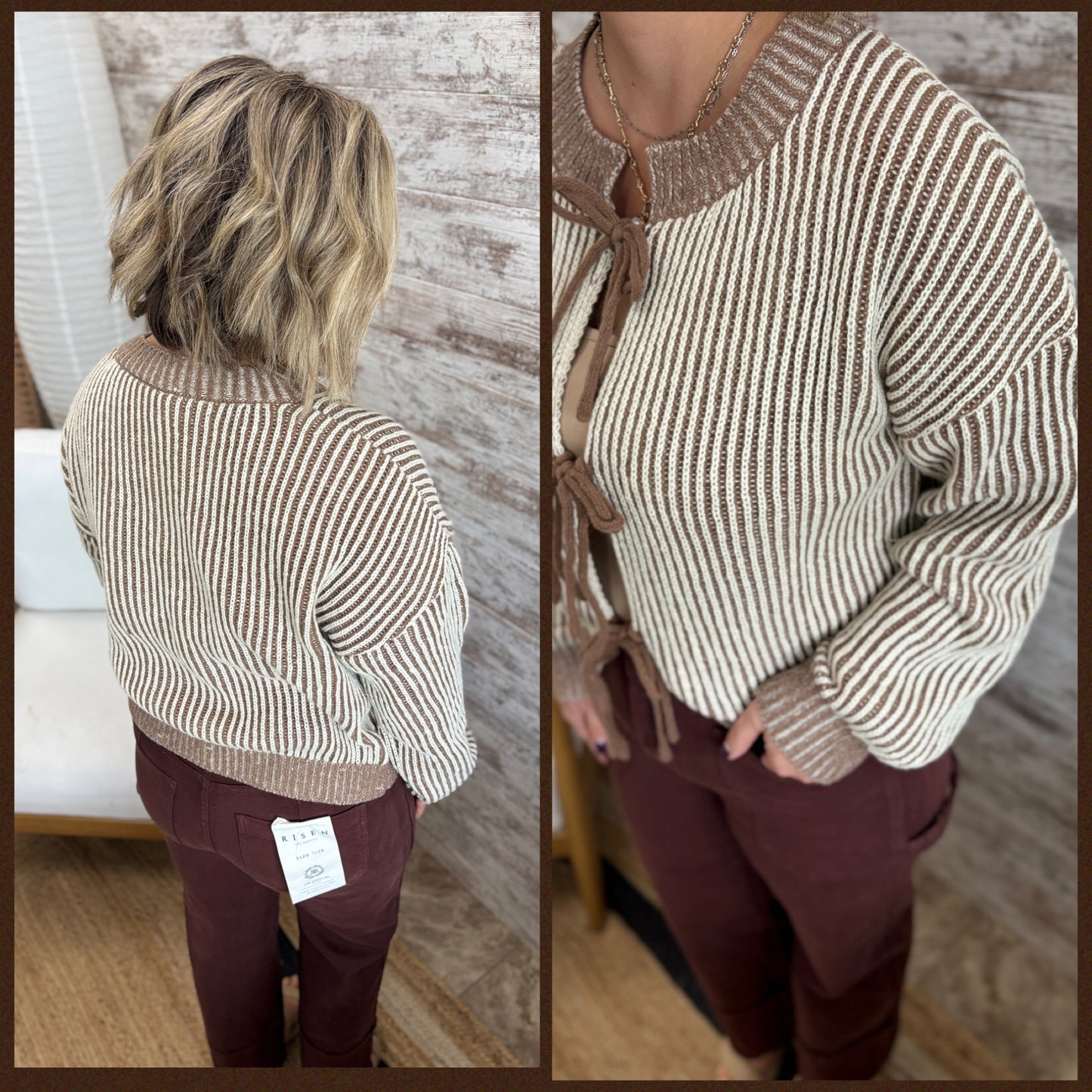 Mocha Front Tie Two Tone Cardidgan