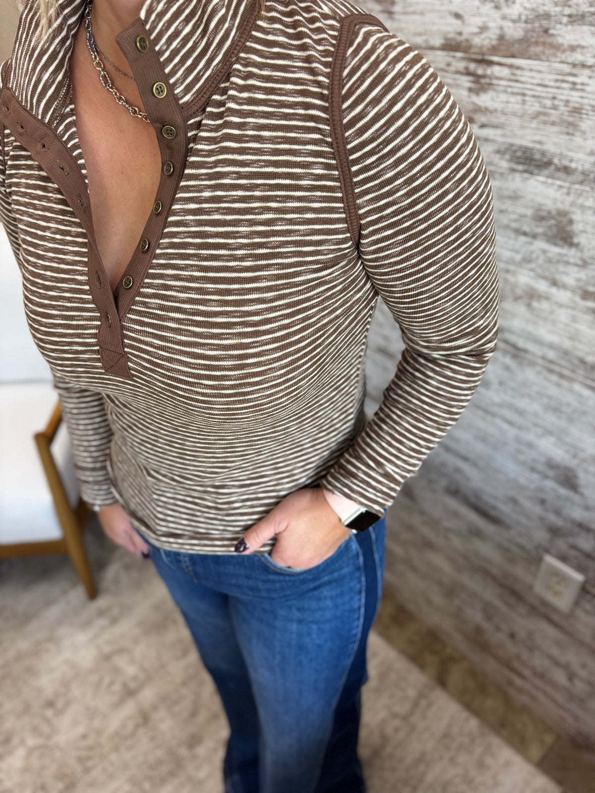 Mocha Long Sleeve Striped Henley Top