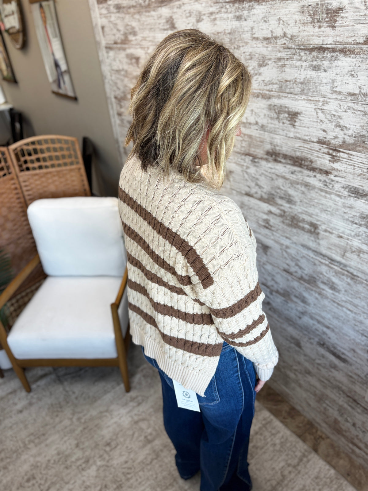 Oatmeal/mocha Striped Cable Knit Sweater