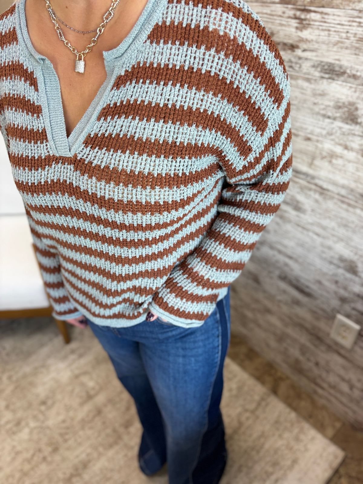 Blue and Brown Stripe Split Neck Sweater