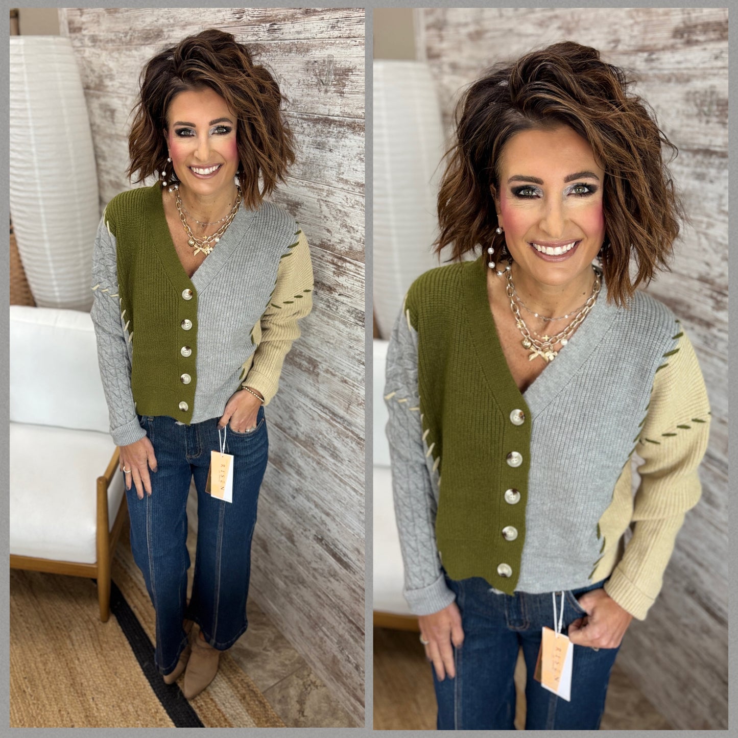 Olive Green, Lt Grey and Beige Patchwork Cardigan