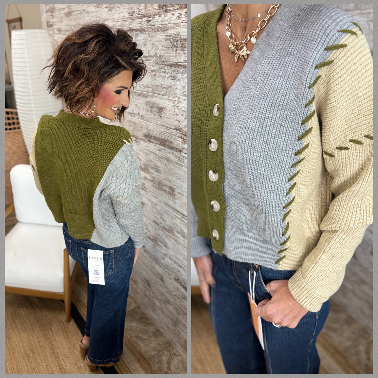 Olive Green, Lt Grey and Beige Patchwork Cardigan
